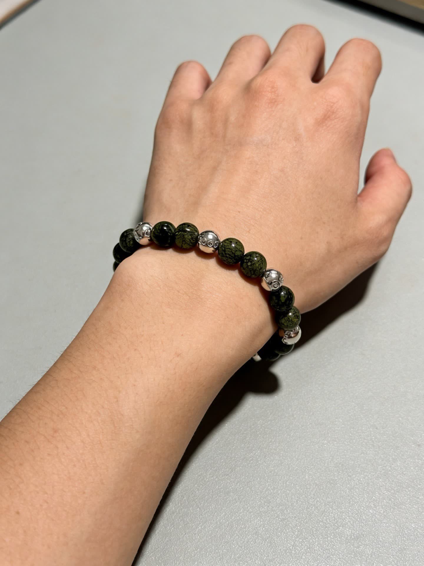 Tiffany & Co Green Stone Beaded Bracelet with Silver Accents